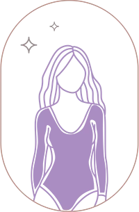 Fioletowa ikona sylwetki kobiety w kostiumie lub body, wpisana w owalną ramkę.